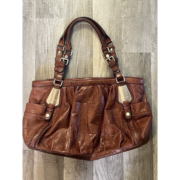 B MAKOWSKY Tan/Brown Croc-Embossed 100% Leather Slouch Shoulder Tote Purse Large - Picture 1 of 16